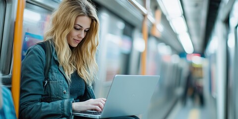 Wall Mural - woman working on laptop, riding subway