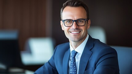 Financial advisor with a trusting smile, clean office setting, modern eyewear, subtle branding, stock portrait photo