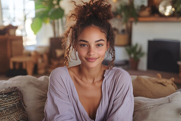 A model wearing a solid lavender shirt, posing in a cozy living room with Scandinavian decor.