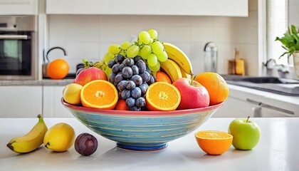 A vibrant kitchen scene features a colorful bowl of fresh fruits, including apples, oranges, bananas, grapes, and berries. This bright, appetizing arrangement adds a lively, wholesome touch.