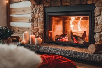 Leinwandbilder - A roaring fireplace casts a warm glow, surrounded by flickering candles and soft textures, creating a welcoming and tranquil ambiance. Generative AI