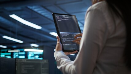 Wall Mural - Data center software developer responsible for installation of networking equipment solving tasks on device. Close up of woman doing maintenance on server room infrastructure using tablet, camera B