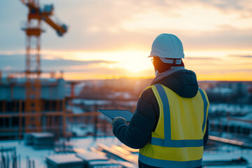 Wall Mural - A construction worker observes a sunset while using a tablet at a building site.