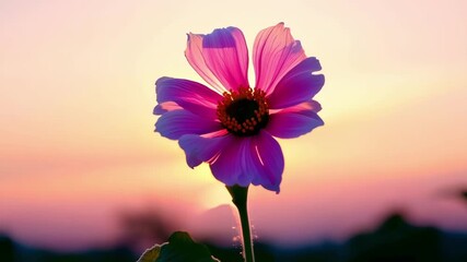 Wall Mural - Against the backdrop of a pink and orange sky the morning glory opens to reveal its bright magenta petals seemingly glowing in the early morning light.