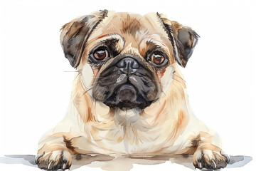 Wall Mural - A detailed illustration of a pug dog resting with a curious expression.