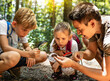 © kieferpix - Family father two kids boy and girl siblings looking discovering exploring nature through magnifying glass, parent child during outdoor hike in the forest learning about nature