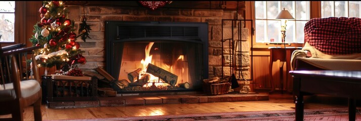 Leinwandbilder - The fireplace crackles warmly, illuminating the cozy living room decorated for the holidays, enhancing the feeling of comfort and safety. Generative AI