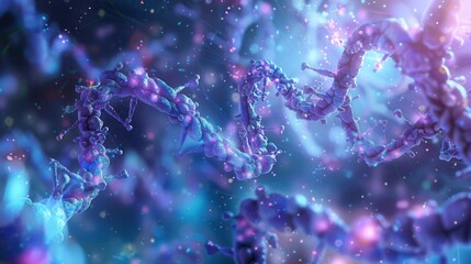 This close-up reveals a cellular structure showcasing distinct nuclei and intricate DNA strands in a dynamic, colorful backdrop. Generative AI