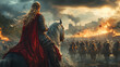 © Pawina - Warrior princess on armored horse, spear ready, amidst chaotic battle.generative ai