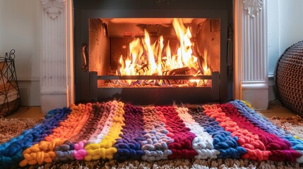 Leinwandbilder - A family enjoys a cozy evening by the fireplace, warmed by a flickering blaze and comforted by a vibrant, colorful rug. Generative AI