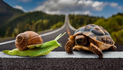 A turtle and a snail in the middle of a road