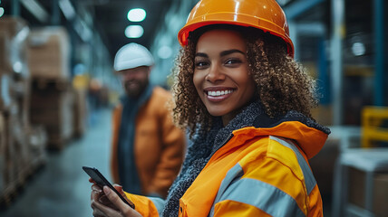 one black woman manager and one white male wearing a high vis jacket and a security helmet; They are happy and engaging with a cell phone in a factory setting.