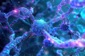 Fototapete - A detailed close-up reveals cellular structures, highlighting nuclei and intertwined DNA strands, emphasizing the complexity of biological systems. Generative AI