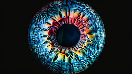 A magnified, detailed photograph of an eye's colorful iris against a black backdrop.