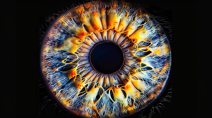 A magnified, detailed photograph of an eye's colorful iris against a black backdrop.