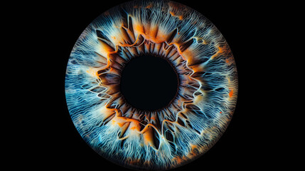 A magnified, detailed photograph of an eye's colorful iris against a black backdrop.