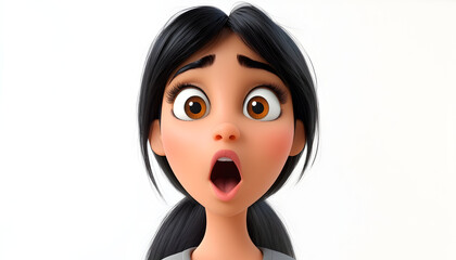 Illustration of a surprised, shocked Indian young woman with an open mouth and wide eyes, portrayed as a 3D cartoon character on a white background. Human emotions and expressions concept