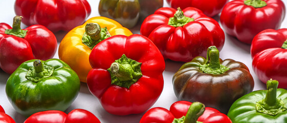 Many fresh bell peppers on white background