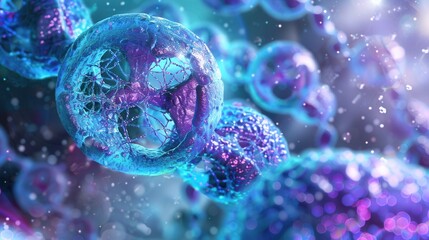 Fototapete - A detailed look at cellular structures reveals visible nuclei and intertwined DNA strands in a dynamic and colorful environment. Generative AI