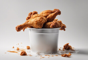 Fried chicken flying on paper bucket isolated on white background image ai generate