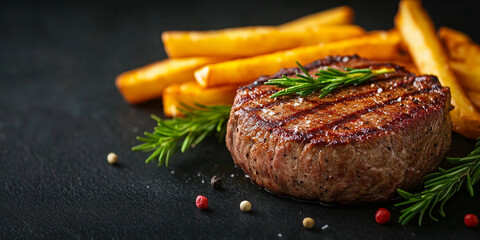 beef steak served with golden, crispy French fries on a rustic wooden table. The juicy steak's rich, smoky flavor is complemented by the crisp texture of the fries