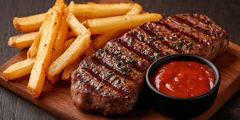 beef steak served with golden, crispy French fries on a rustic wooden table. The juicy steak's rich, smoky flavor is complemented by the crisp texture of the fries