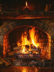Leinwandbilder - The bright flames dance in a stone fireplace, creating a welcoming atmosphere perfect for relaxation and warmth on a cold night. Generative AI