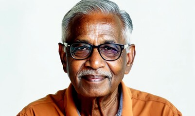 Canvas Print - Portrait of a senior Indian man wearing eyeglasses against white background