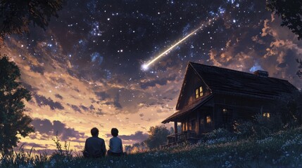 People sit looking at the sky and shooting stars in front of their house in the countryside, illustration, Generative AI