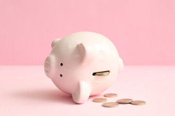 Piggy bank with money on pink background. Bankruptcy concept