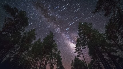 Wall Mural - Meteor shower in the pine forest , Generative AI