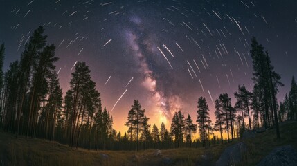 Wall Mural - Meteor shower in the pine forest , Generative AI