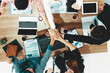 © InfiniteFlow - Businessmen and businesswomen joining hands in group meeting at multicultural office room showing teamwork, support and unity in business. Diversity workplace and corporate people working concept. uds