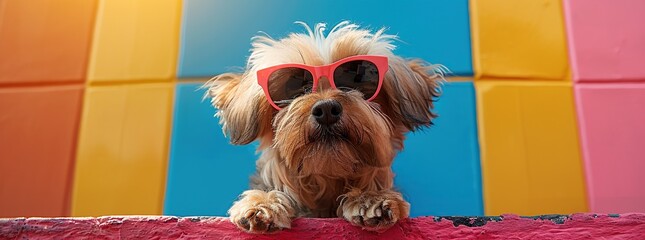 Cool Dog with Sunglasses Against a Colorful Wall