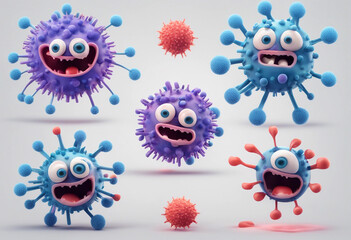 Set of 3D cute cartoon disease viruses bacteria isolated on white background