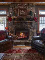 Leinwandbilder - The inviting glow of the fireplace fills the room with warmth, creating a perfect atmosphere for relaxation and comfort during a chilly evening. Generative AI