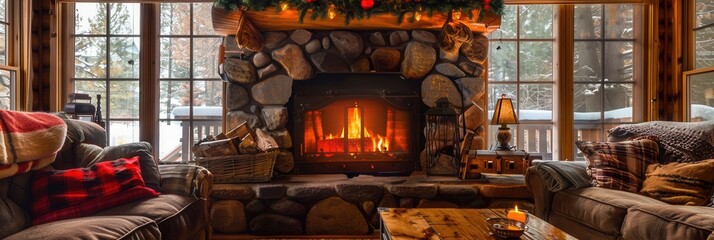 Leinwandbilder - The warm glow of a roaring fireplace fills the cozy cabin, providing comfort and light against the snowy backdrop outside. Generative AI