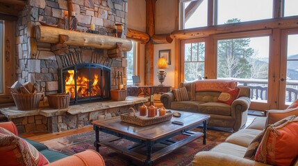 Poster - A roaring fireplace warms the inviting living room, surrounded by rustic decor and a view of snow-covered trees outside. Generative AI