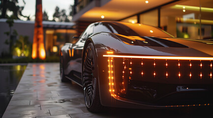 Wall Mural - Close-up of modern luxury car front with LED lights, reflecting elegant architectural design.
