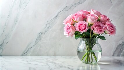 Wall Mural - Glass vase with pink roses on a white marble table, flowers, pink, roses, petals, delicate, beautiful, elegant, decor