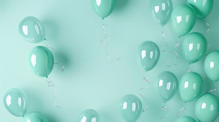 Wall Mural - A collection of pale green balloons with silver ribbons scattered across a light blue background, creating a cheerful and festive atmosphere.