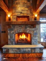 Leinwandbilder - The roaring fireplace fills the cabin with warmth, inviting relaxation and comfort on a chilly winter night. Generative AI