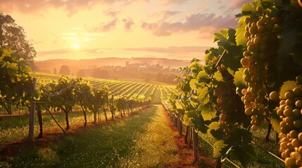 Sticker - A picturesque vineyard at sunrise with rows of grapevines and morning dew.