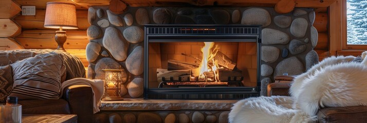 Wall Mural - The ambiance is filled with warmth as the fireplace crackles, providing comfort in the cozy cabin, inviting relaxation on a cold winter night. Generative AI