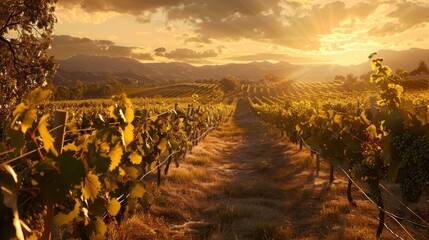 Sticker - A picturesque vineyard with rows of grapevines and golden light.