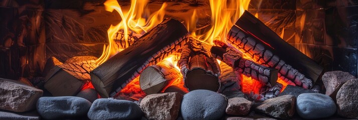 Poster - The roaring fireplace radiates warmth, casting a comforting glow in the cozy room, perfect for a winter night's relaxation and peace. Generative AI