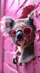 Wall Mural - Koala in Pink Sunglasses Peeking Through Wall