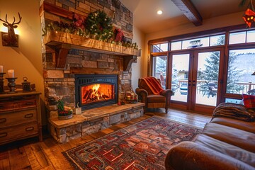 Poster - The fireplace radiates warmth and comfort in a rustic cabin, surrounded by a welcoming living space with snowy views outside. Generative AI