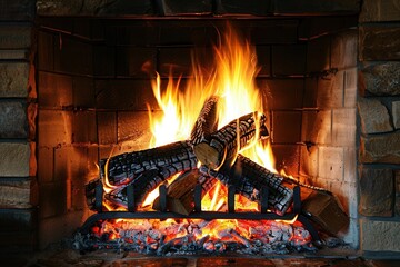 Poster - The warm glow of the roaring fireplace fills the room with comfort, making it a perfect spot for relaxation on a cold evening. Generative AI