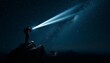 © abu - A solitary climber at a mountain summit holds a flashlight that pierces the darkness, illuminating the Milky Way and creating a striking silhouette against the cosmic backdrop.